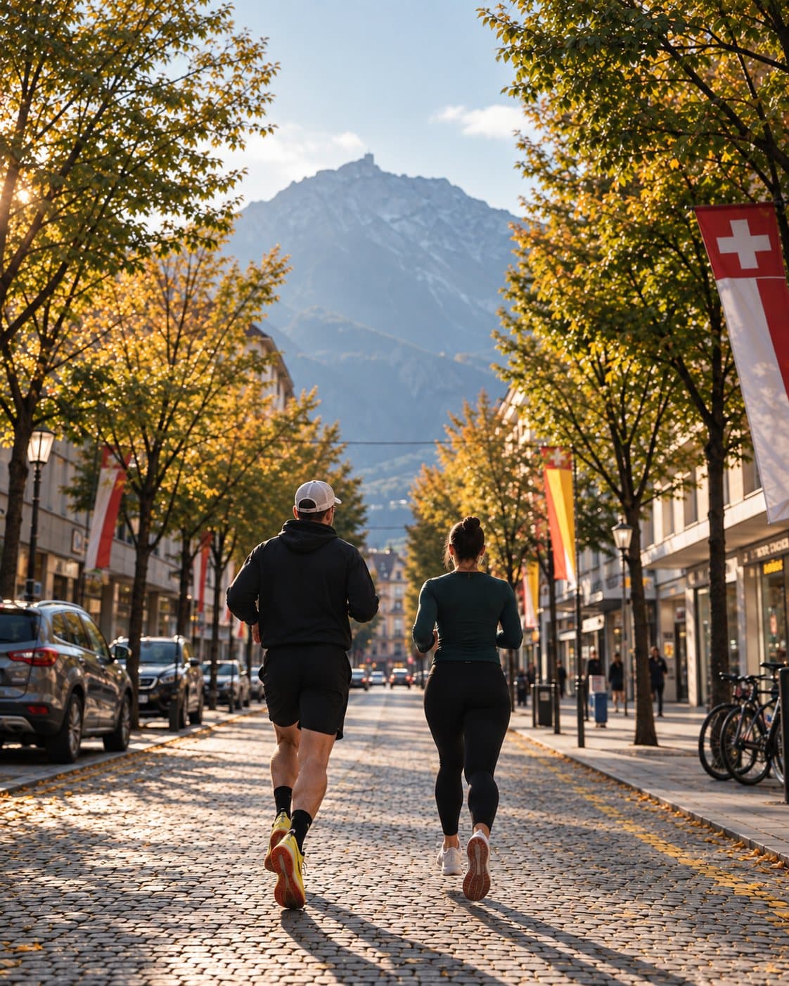 Zwei Läufer auf der Bahnhofstrasse in Brig, im Hintergrund die Berge
